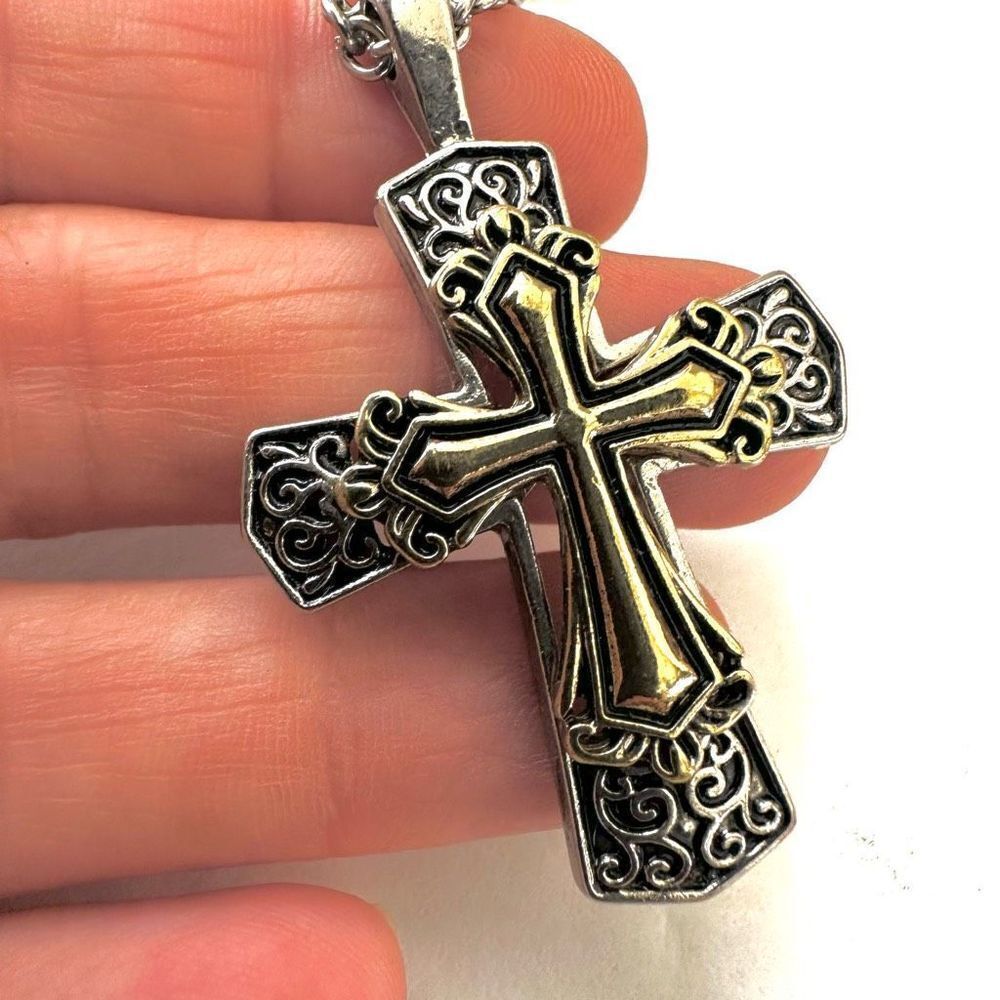 Silver and gold tone cross pendant necklace